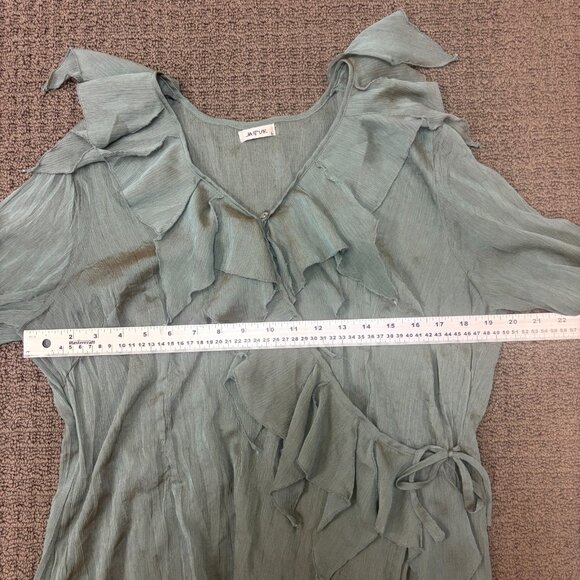 Vintage Jaipar Shirt Large Green V Neck 3/4 Sleeves Sheer Handkerchief Blouse - Picture 3 of 12